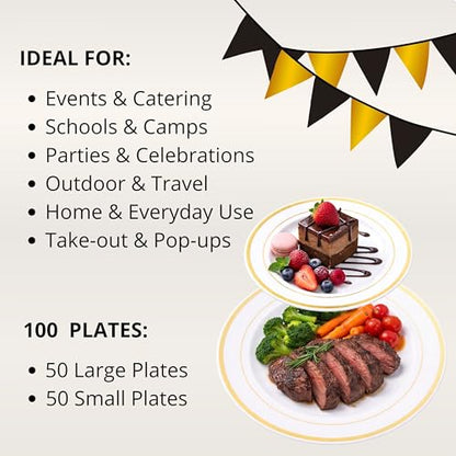 Neatiffy 100 Pcs Gold Rim Plastic Dinnerware Set (50 Guest) | 50 x Dinner Plate, 50 x Dessert Plate | BPA-Free | for Wedding, Luxurious Party, Special Event - color: White Gold Plate