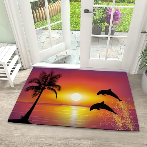 Door Mat, Colorful Cute Dinosaurs Welcome Mat, Tropical Palm Tree Doormats Indoor Entrance, Indoor Outdoor Mat, Low-Profile Floor Rugs for Entry, Patio, 17''x30'' - color: Dolphins Sunset