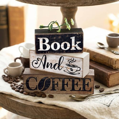 Moucuny 4 Pcs Farmhouse Table Decor Rustic Wooden Book and Coffee Signs - style: Coffee
