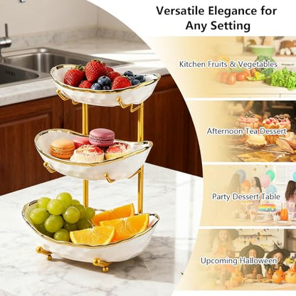 Gets 3 Tier Fruit Bowl Ceramic Metal Stand Tiered Serving Tray White - color: White