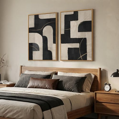 Large Framed Neutral Black and Beige Abstract Wall Art Set of 2, 24x36 In - color: Black and Beige Block, size: 24" W x 36" H x 2Pcs