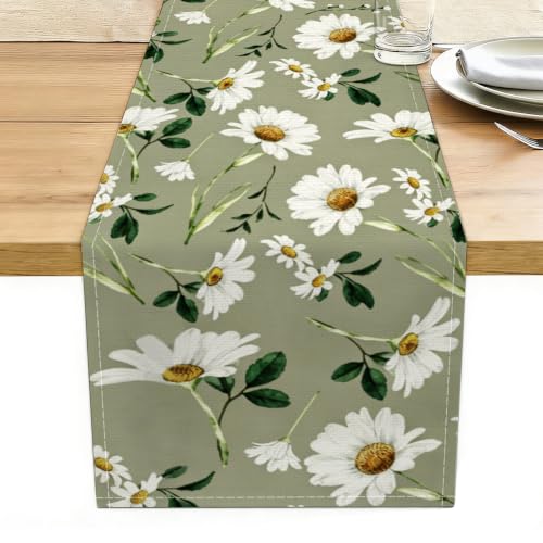 Olive Green Daisy Flowers Spring Table Runner, Table Runners 72 Inches Long - color: White Daisy