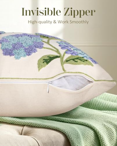 Embroidered Throw Pillow Cover, 18x18 Inch, Blue Hydrangea - color: Blue-hydrangea, size: 18" x 18" (Pack of 1)
