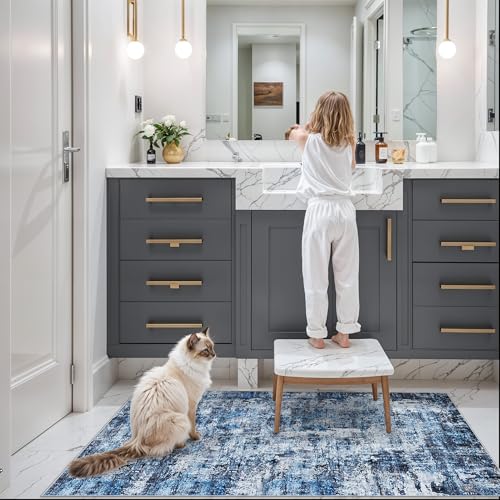 2x5 Washable Kitchen Runner Rug – Non-Slip Rubber Backing Low-Pile Soft Small Rug for Hallway Bathroom Bedroom Entryway Laundry Room – Modern Neutral Abstract Thin (Navy Blue) - color: Navy Blue, size: 2' x 5' (Rectangular)