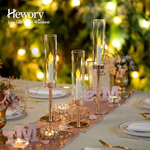Hewory Gold Candlestick Holders: 3PCS Cylinder Glass Hurricane for Tapers - color: Gold, size: 3pcs