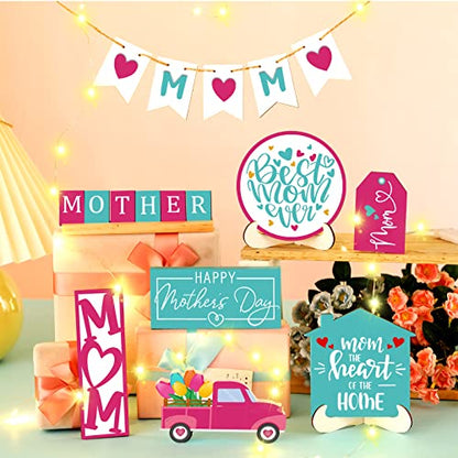 12 Pcs Mother's Day Tiered Tray Decor Happy Mother's Day Sweet Decorations Wooden Table Truck Flower Signs Gift for Mom - style: Best Mom