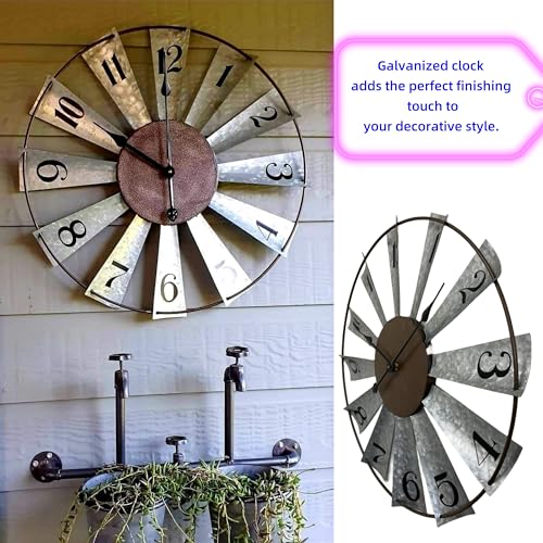 Evursua 24 Inch Modern Farmhouse Clock Large Metal Windmill Clock for Walls Indoor Outdoor Home,Galvanized Metal Decor Wall Clock Distressed