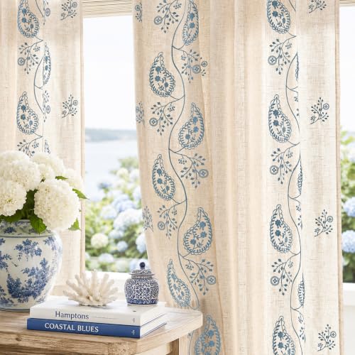 jinchan Linen Curtains 84 Inch Blue Floral Drapes Back Tab 2 Panels Set - color: Blue on Beige, size: 50"W x 84"L (Pack of 2)