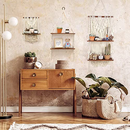 2-Tier Macrame Wall Hanging Shelf & Boho Decor, Wooden Floating Shelves - size: Large