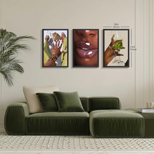 Hianan Wood Framed Fashion Black Woman Wall Art Set of 3, 12x16 in - color: Yellow-Green(Wood), size: 16"L x 12"W