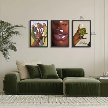 Hianan Wood Framed Fashion Black Woman Wall Art Set of 3, 12x16 in - color: Yellow-Green(Wood), size: 16"L x 12"W