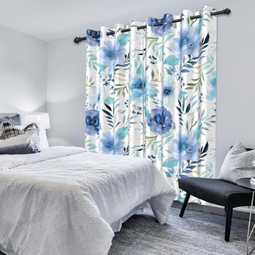 Blue Floral & Leaf Thermal Blackout Curtains 84 Inch Length 2 Panels Set - color: Floral-d