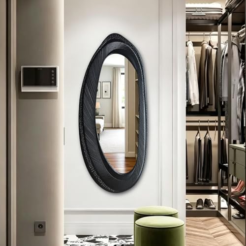 POZINO 55"x24" Large Irregular Wall Mirror, Black Asymmetrical Oval Mirror - size: 55"L x 24"W