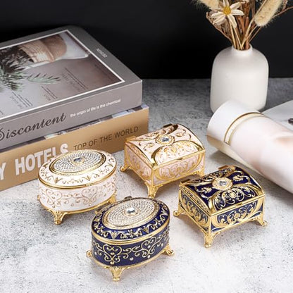 Small Jewelry Box Treasure Box Vinatge Enamel Trinket Organzier Hand Painted Jewelry Chest Case Golded Metal Jewelry Keepsake Box for Earrings Rings Gift for Christmas Wedding,Beige - style: Treasure Chest Style