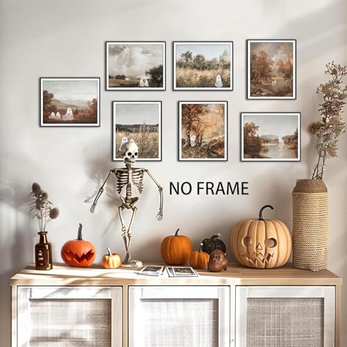 Mynotix Funny Halloween Poster Set of 7, Cute Ghost Country Landscape Wall Art, Vintage Haunted Forest Canvas Painting Print Pictures for Bedroom Living Room Dorm Unframed 12x16 inch - color: Halloween ghost, size: 16"L x 12"W