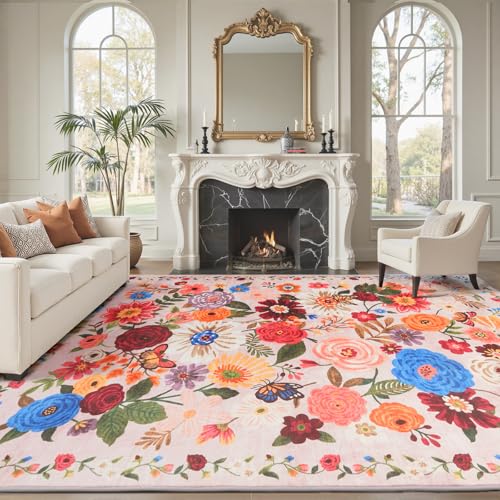 Blush Washable Area Rug 8x10, Large Soft Floral Carpet for Living Room - color: Blush Beige, size: 8' x 10' (Rectangular)
