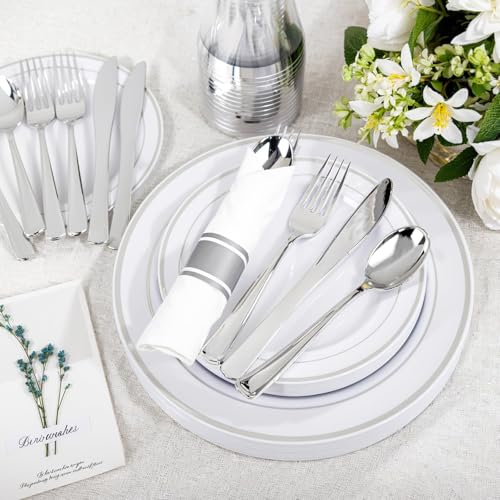 WELLIFE 350-Piece Silver Plastic Dinnerware Set - Disposable 10.25" Dinner Plates, 7.5" Dessert Plates, 9oz Silver Rim Cups & Cutlery for Weddings - 50 Guest Service - Elegant Disposable Silverware - color: Silver, style: 350PCS（50 Guests）