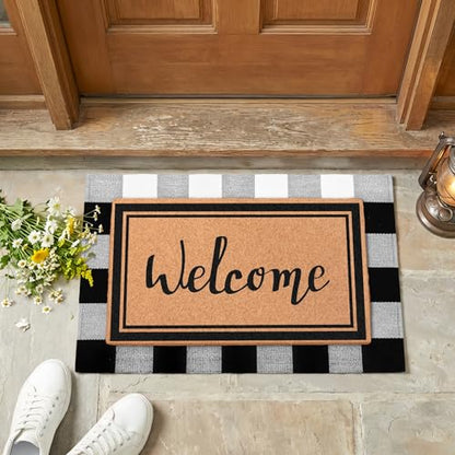 2-Piece Layered Welcome Mat Set - Coir Doormat & Buffalo Plaid Rug - color: Welcome 1
