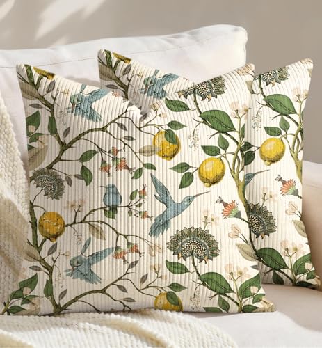 Corduroy Throw Pillow Covers 18x18 - Set of 2 Decorative Spring Pillow Covers with Zipper Farmhouse Decor Vintage Throw Pillowcases for Couch Sofa Living Room Home Bedroom, Lemon Bird - color: Lemon Bird, size: 18" x 18" (Pack of 2)
