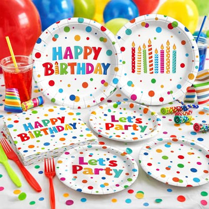 195 Pcs Birthday Party Supplies (Serves 24), Happy Birthday Party Dots Design Decorations Include Banner Hanging Plates Napkins Cups Forks Knifes Tablecloth Topper Balloons for Decorations