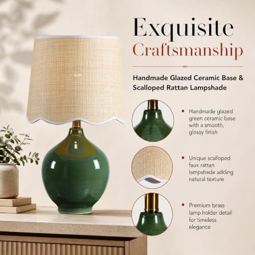 21"H Olive Green Ceramic Table Lamp with Beige Faux Rattan Drum Shade - color: Olive Green