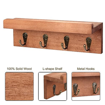 Key Holder Wall Mount, Farmhouse Wall Shelf with 4 Hooks for Entryway - color: Brown - Oak