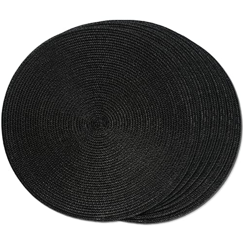FunWheat Round Braided Placemats Set of 6 Place Mats for Dining Table Woven Washable Non-Slip Table Mats 15 Inch (Black, 6pcs) - color: Black, size: Set of 6