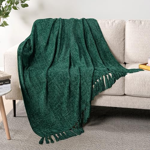 PAVILIA Chenille Throw Blanket, Knit Sofa Couch Tassel Throw, Green 50x60 - color: Emerald Green, size: 50 X 60 Inches - Throw