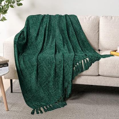 PAVILIA Chenille Throw Blanket, Knit Twin Size Tassel Throw, Green 60x80 - color: Emerald Green, size: 60 X 80 Inches - Twin