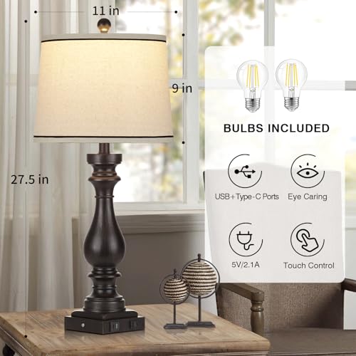 Cinkeda 29" Tall Table Lamp for Living Room,Farmhouse Vintage Bedside Nightstand Lamp with USB C+A Ports & AC Outlet,3-Way Dimmable Touch Control Retro Black Lamp for Bedroom,Single Black - color: 1Pack Black