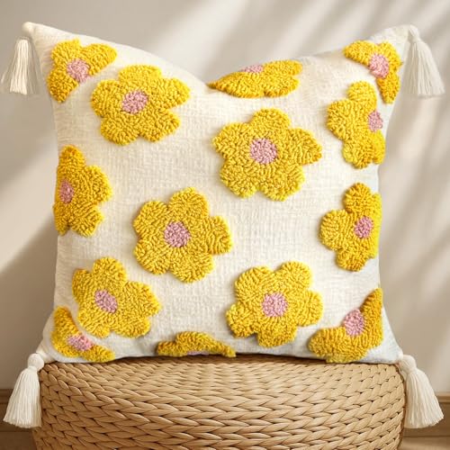 Throw Pillow Covers 18x18 - Tufted Decorative Pillow Cover with Zipper for Couch Sofa Bed Living Room Home Decor Aesthetic Soft Spring Summer Farmhouse Tassels Indoor Pillowcase, Yellow Flower - color: Yellow Flower, size: 18" x 18" (Pack of 1)