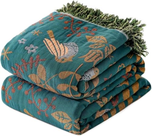 Boho Throw Blanket for Bed 100% Cotton Bohemian Blankets Ultra Soft Woven Muslin Decorative Blankets All Seasons Vintage Quilt Knitted Blanket for Sofa Chair(Blue, 50"x60") - color: A-blue, size: 50"x60"