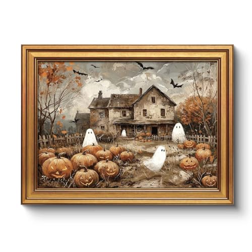 Vintage Framed Cute Ghost Pumpkin Patch Wall Art, Ghost Halloween Print - color: Ghost, size: 16"L x 12"W