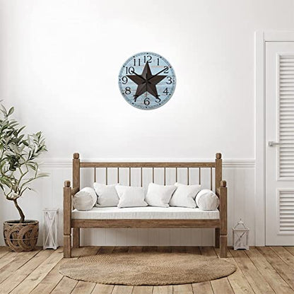 Round Farmhouse Wall Clock Western Texas Star Retro Style Wood Clock Quiet Non-ticking Battery Operated with Large Numbers Country Wall Hanging Analog Clock for Living Room Farmhouse Kitchen 15 Inch - color: Style, size: 15in