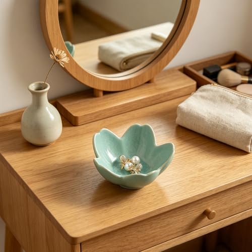 Floral Ceramic Jewelry Tray, 3.5" Ring Holder Trinket Bowl - color: cyan