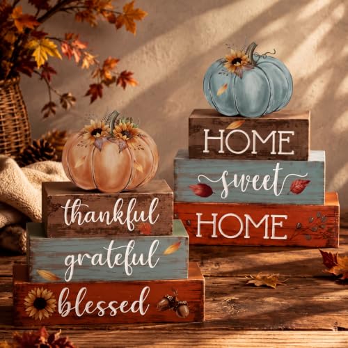 Amyhill 4 Pcs Pumpkin Thanksgiving Tiered Tray Wooden Table Sign Decor - style: Blue Pumpkin
