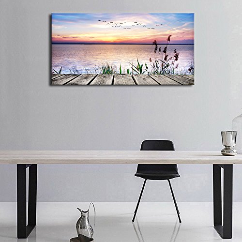 Large Lake Dock Sunset Wall Art, Flying Birds Beach Landscape, 20" x 40" - color: Sunset Lake, size: 40"L x 20"W