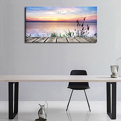 Large Lake Dock Sunset Wall Art, Flying Birds Beach Landscape, 20" x 40" - color: Sunset Lake, size: 40"L x 20"W