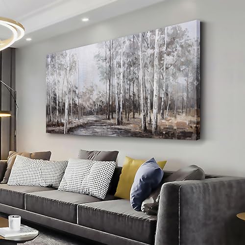 White Birch Tree Wall Art Grey Forest Painting Abstract Canvas Art Landscape Panoramic Picture Nature Artwork Framed for Living Room Bedroom Dinning Room Home Office Wall Decor 48"x24" - color: Grey, size: 48"L x 24"W