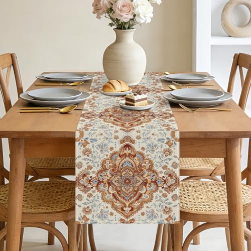 Bonhause Boho Orange Table Runner 13x90 Inch Vintage Bohemian Ethnic Carpet Pattern Rustic Farmhouse Kitchen Dining Table Decoration for Indoor Outdoor Home Party Decor - size: 13"W x 90"L