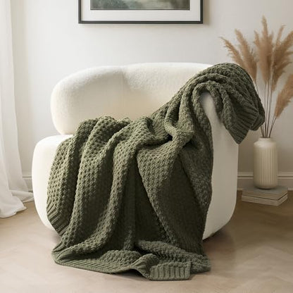EVERGRACEHOME Chunky Chenille Knit Throw Blanket, 50 x 60, Olive Green - color: Olive Green, size: 50" X 60"