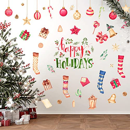 Happy Holiday Wall Stickers Christmas Window Stickers with Socks Candy Copper Bell Decals Removable Vinyl Wall Decals Window Xmas Self-Adhesive Holiday Home Decoration - color: Christmas-14