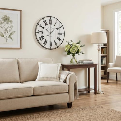 EMAX HOMELarge 24 Inch Farmhouse Style Wall Clock, Distressed Wood Look, Non-Ticking Quartz Movement, Classic Black Roman Numerals and Metal Frame, for Living Room Wall, Bedroom - color: White, size: 24 Inch Roman numerals