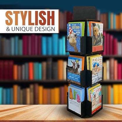 Rotating Greeting Card Display Stand, 3 Tier Wooden Organizer, 4-Sided Display Rack 360 Degree Spinning Multi-Pocket Display for Coasters, Stickers, Retail, Showcase, Tradeshow (Ebony) - color: Ebony
