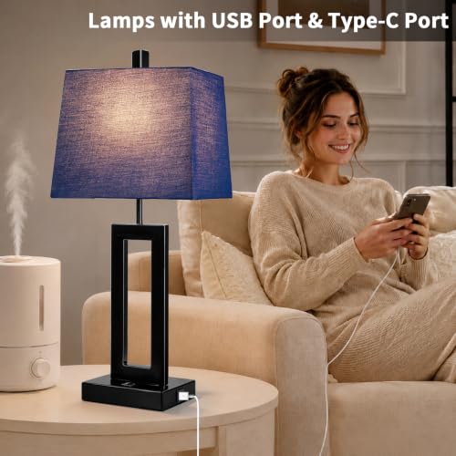 Cinkeda Blue Bedside Table Lamp Set of 2, Nightstand Lamps with USB Ports - color: E.Blue&Black