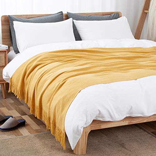 Vonty Mustard Yellow Knitted Throw Blanket with Tassels, 50x60 Acrylic - color: Yellow, size: 50" x 60"