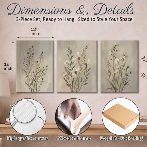 Neutral Wildflower Canvas Wall Art Set of 3, Beige Floral, 12x16 Inch - color: Light green flowers and grass, size: 12x16 inch
