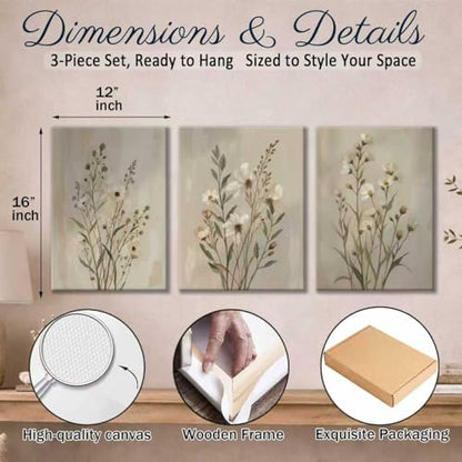 Neutral Wildflower Canvas Wall Art Set of 3, Beige Floral, 12x16 Inch - color: Light green flowers and grass, size: 12x16 inch