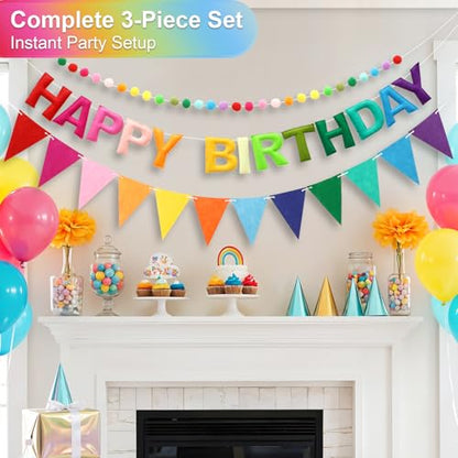 Pre-Strung Felt Happy Birthday Banner Rainbow Garland Set - color: Colorful