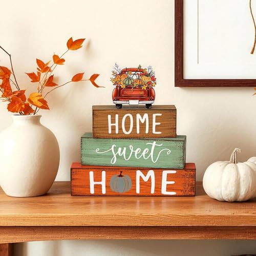 Cinnvoice 4 Pcs Fall Truck Pumpkin Wooden Block Decor Farmhouse Tiered Tray - style: Fall Pumpkin